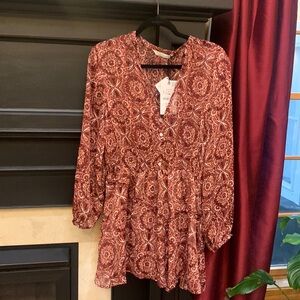 ZARA burgundy metallic patterned dress/tunic long sleeve v neck sz l